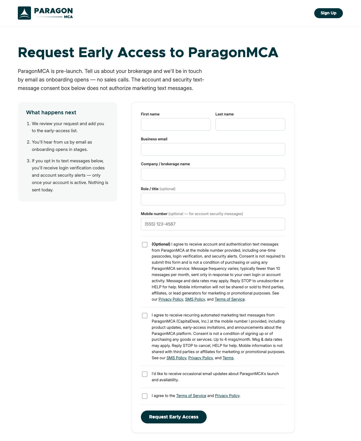 Screenshot of the ParagonMCA early-access signup form showing two separate, unchecked text-message consent boxes: one for account and security alerts and one for marketing messages.